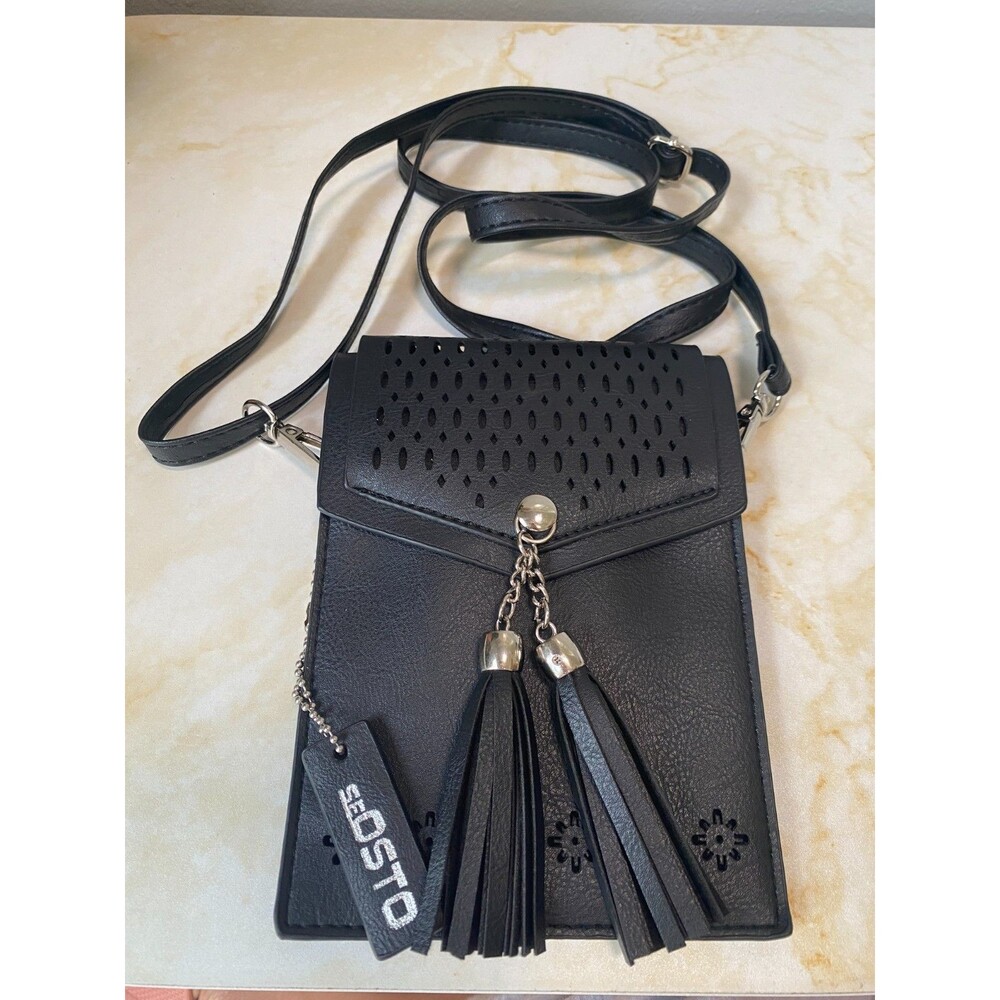 Black Crossbody Cell Phone Credit Card Purse Boho with Tassels Concert Festival